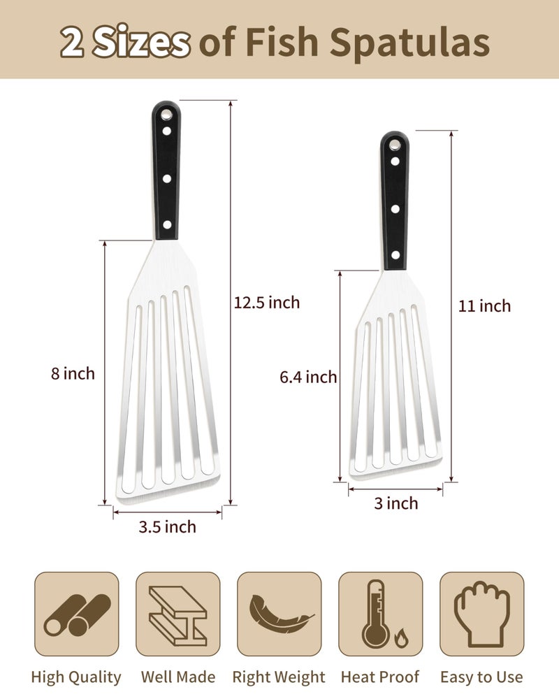 HaSteeL Fish Spatula Set of 2, HaSteeL Stainless Steel Slotted Spatula Turner with Riveted Wooden Handle, Professional Metal Spatulas Great for Kitchen Cooking Flipping Frying & Grilling, 2 x Hooks - Image 2
